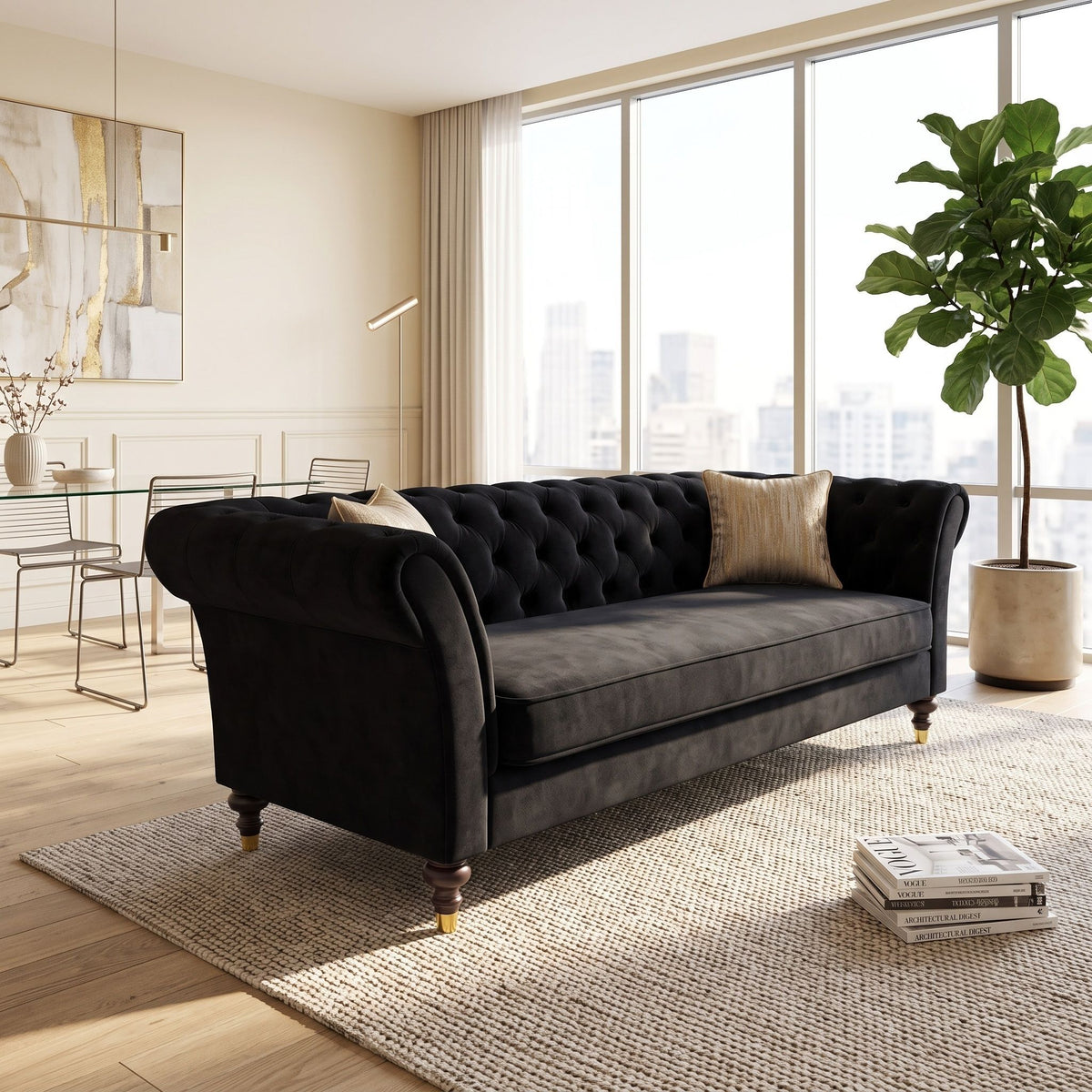 3 Seater Button Tufted Sofa With Rolled Arms, Living Room Couch With 2 Pillows - Black