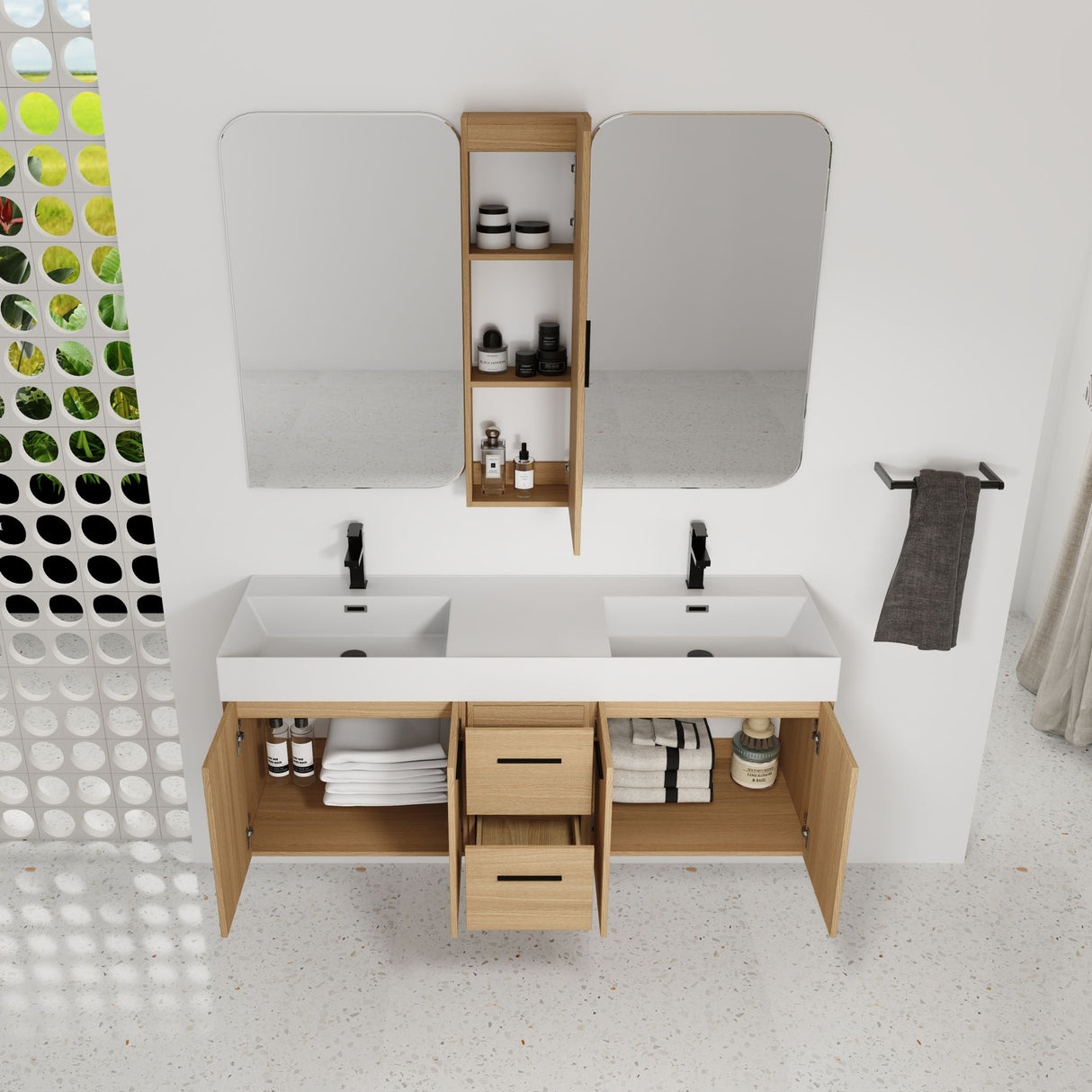Floating Double Sink Bathroom Vanity Set With Tall Linen Cabinet, Drawers And Doors, Extra Large Storage, Integrated Sink, Soft Close Hardware - Glossy White / Light Oak