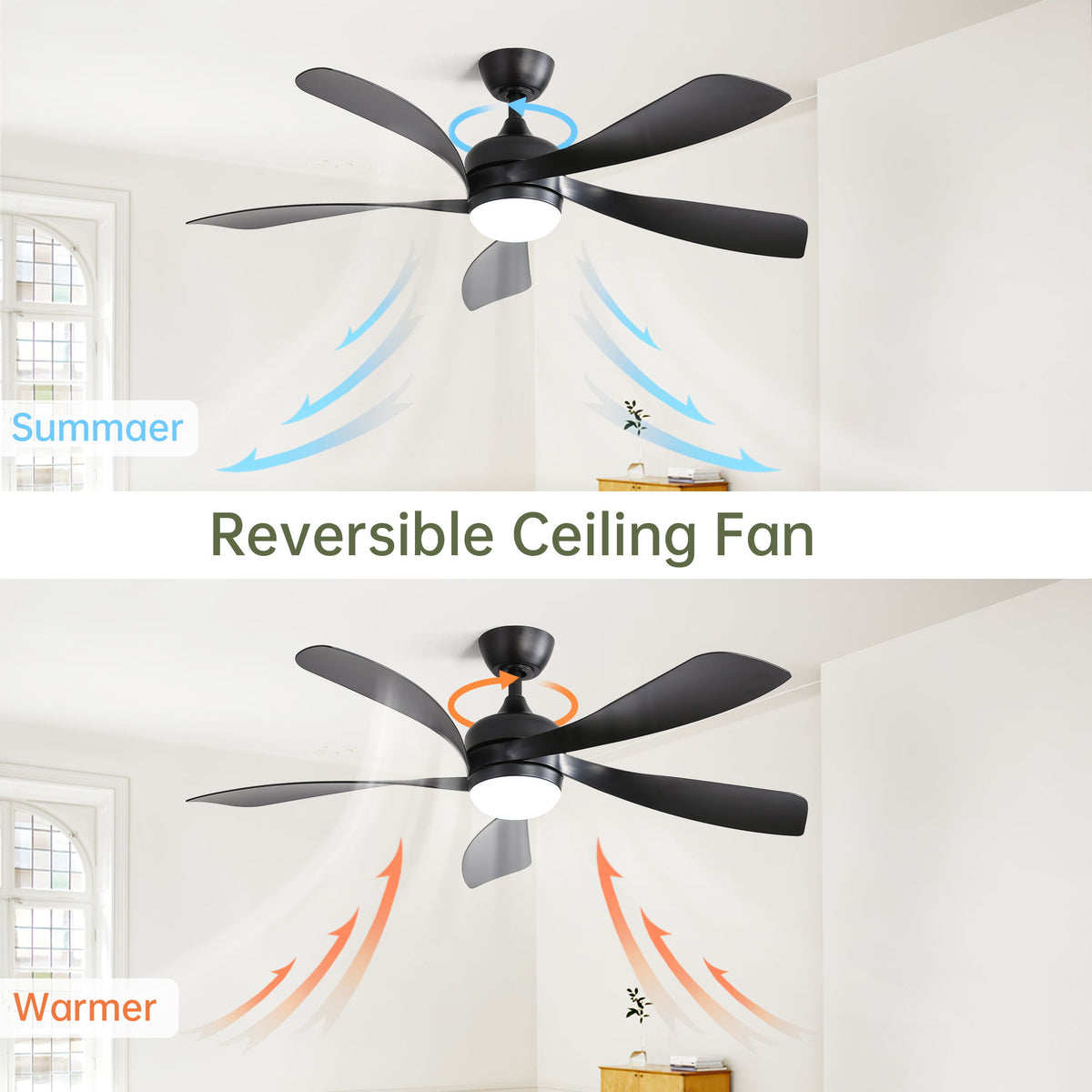 52" Ceiling Fan With 3 Color Dimmable LED Light, 5 Blades, Remote Control, Reversible DC Motor