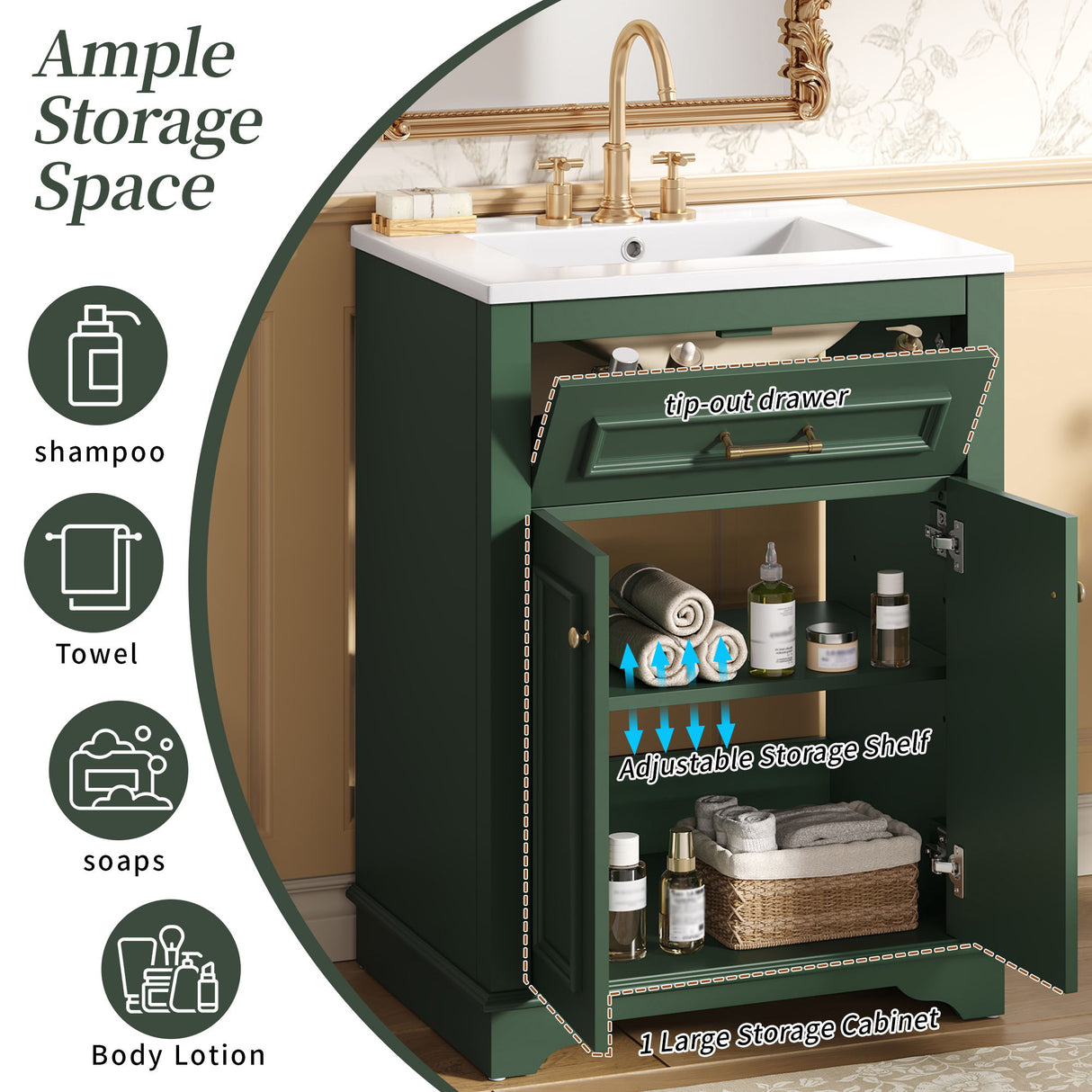 Bathroom Vanity With Integrated Sink, 2 Door Cabinet With Tip Out Drawer, Rectangular Design