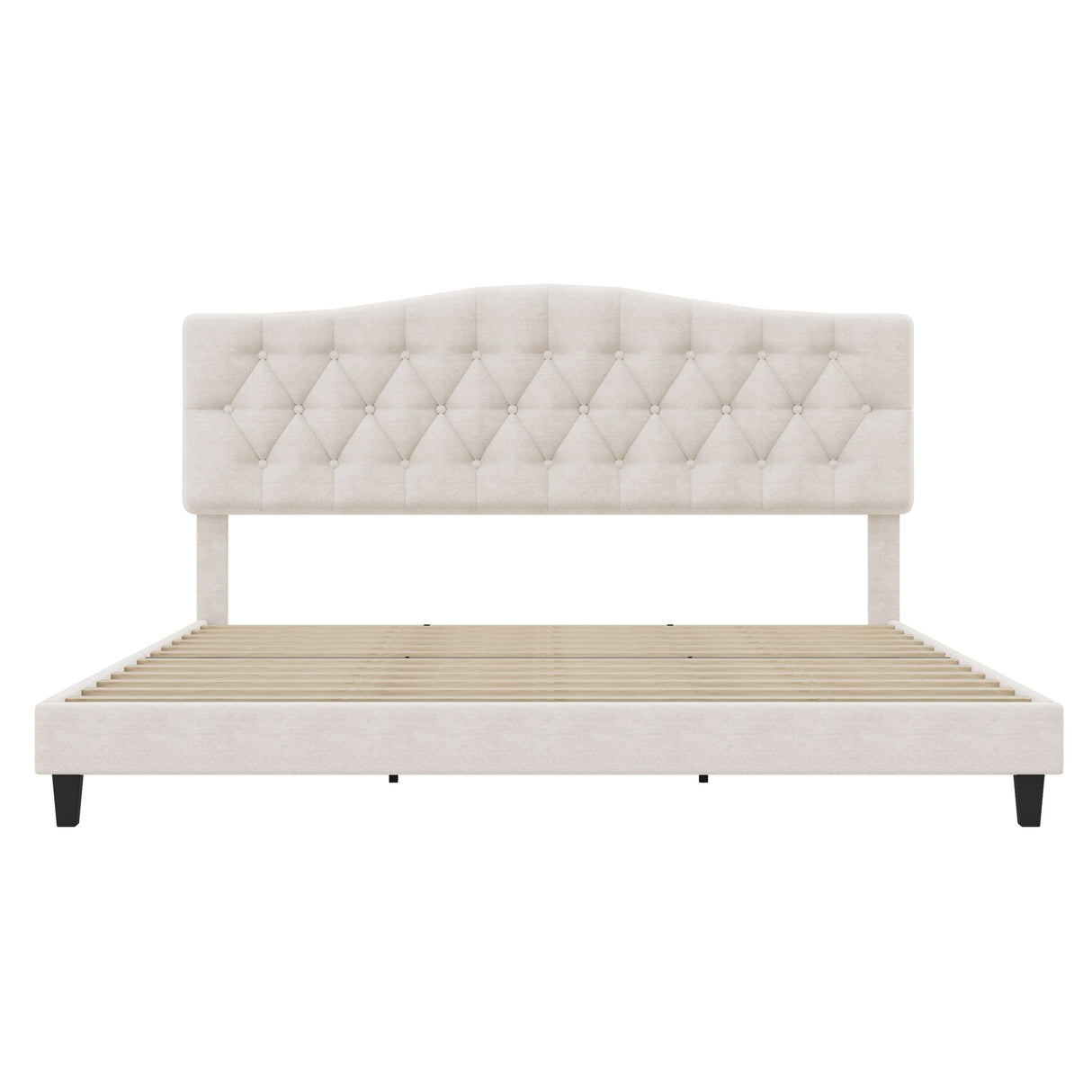 King Upholstered Platform Bed With Curved Adjustable Headboard And Diamond Tufted Details, No Box Spring Needed - Beige