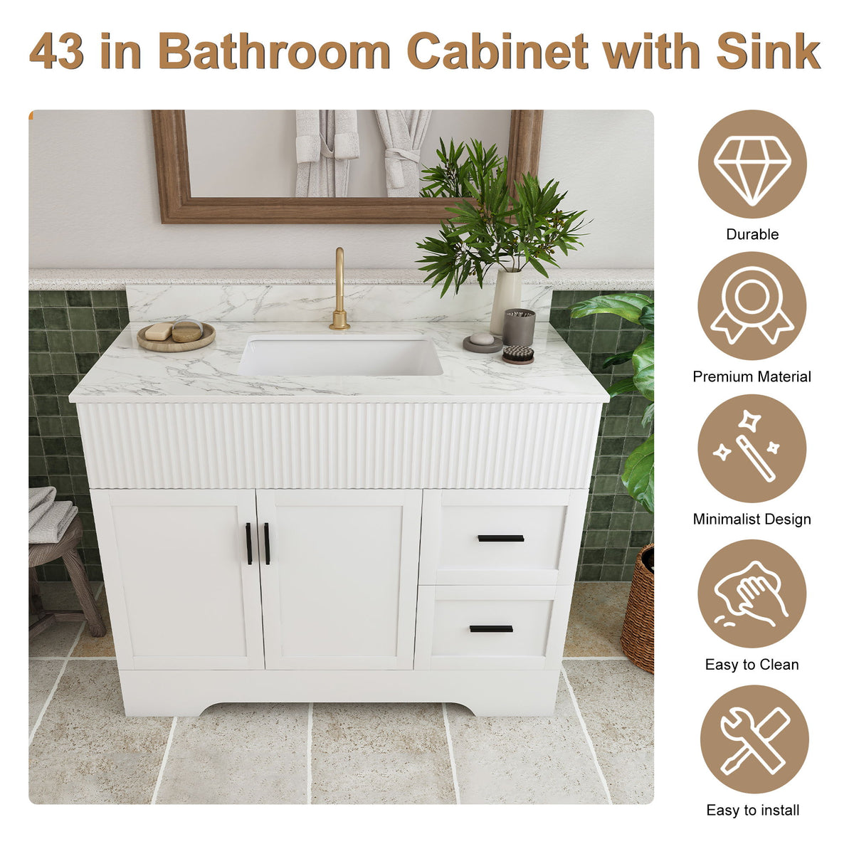 Bathroom Vanity Set, Fluted Cabinet, Soft Close Doors & Drawers, Single Faucet Hole, Sink Included - White