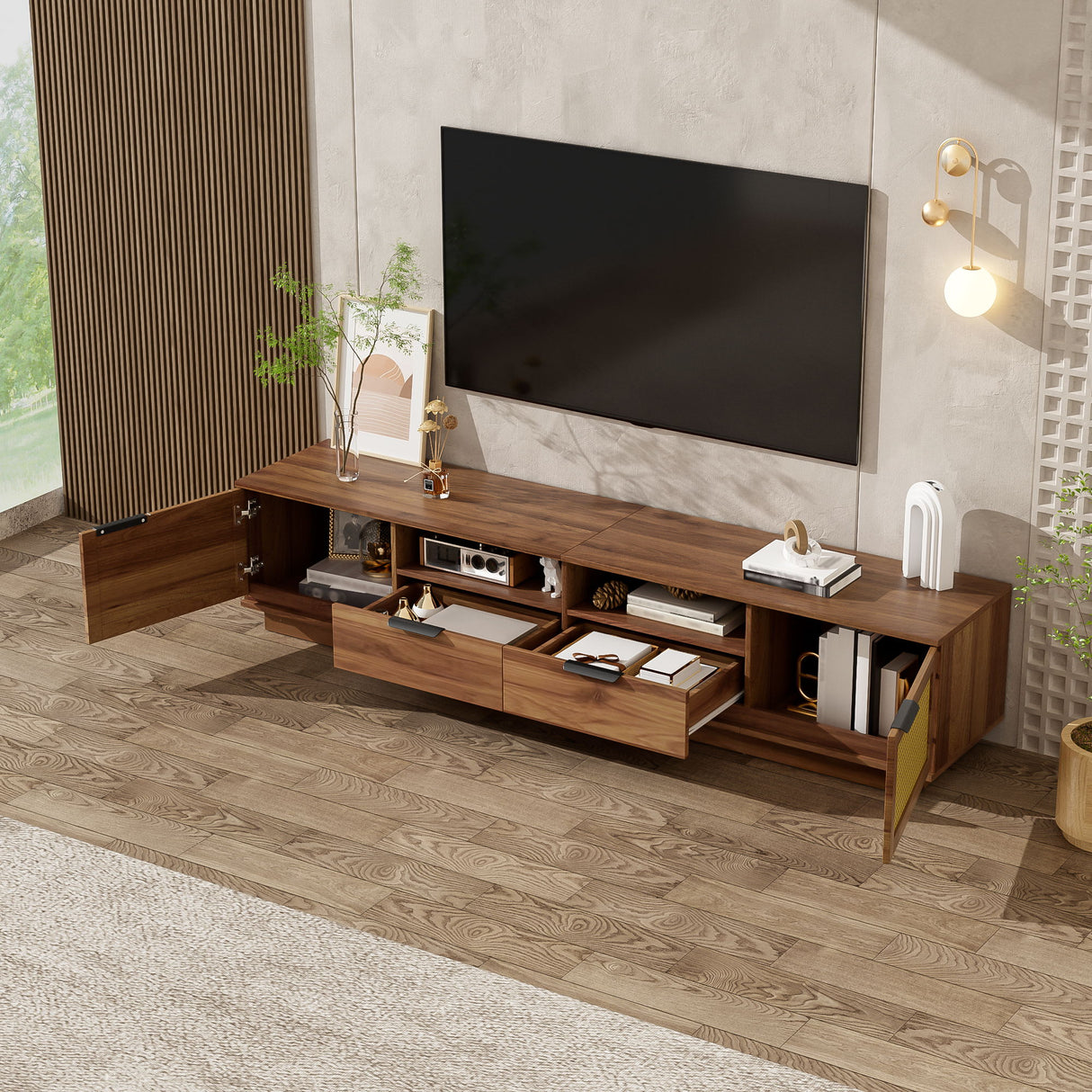 TV Stand With 2 Drawers And Open Shelving - Walnut