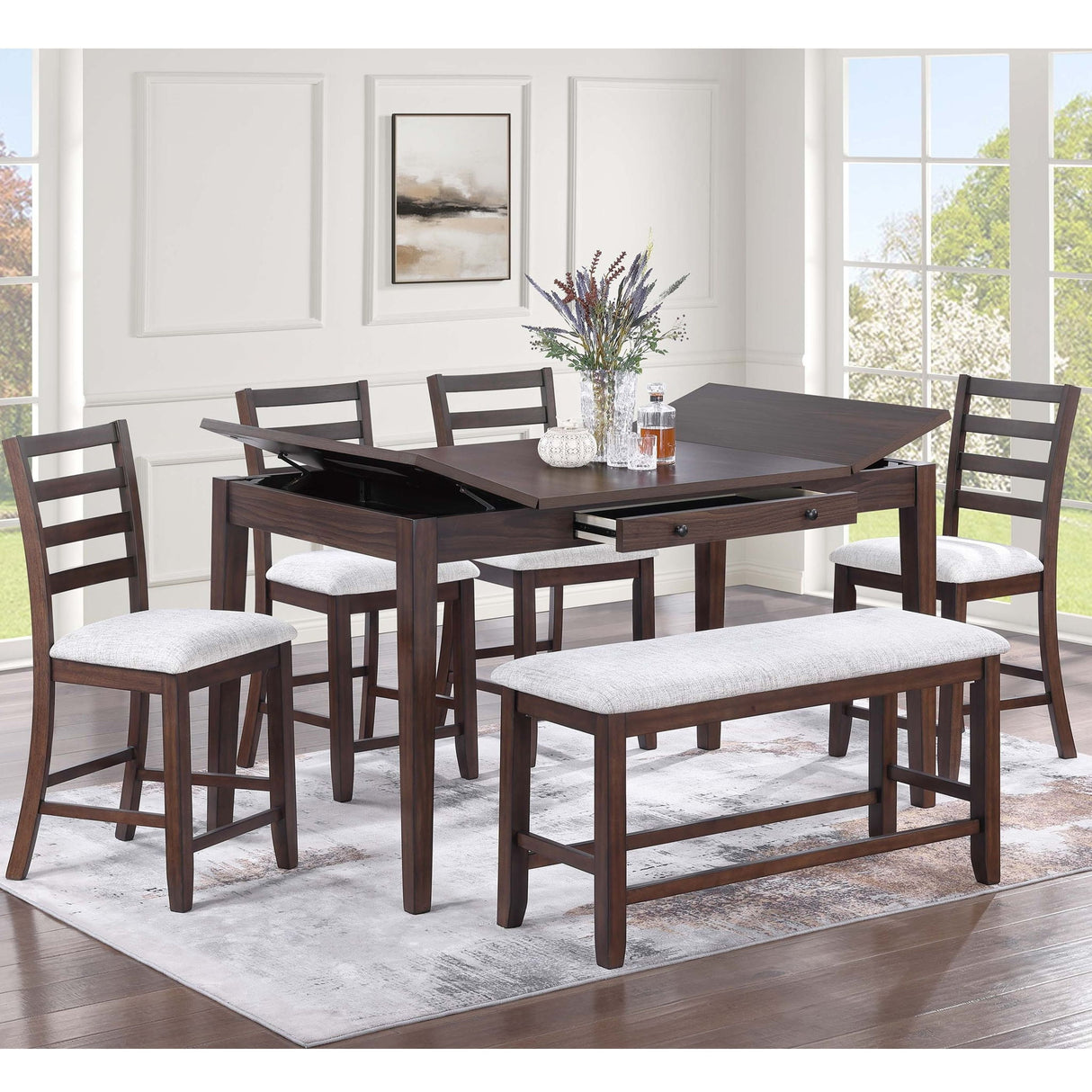 6 Piece Counter Height Dining Set Table With Storage Ladder Back Chairs And Bench - Walnut