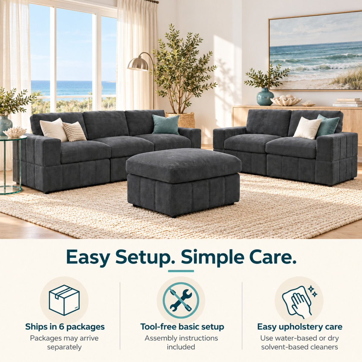 Oversized Modular Sectional Sofa Set With Loveseat & Ottoman, 6 Piece Living Room Furniture - Dark Gray