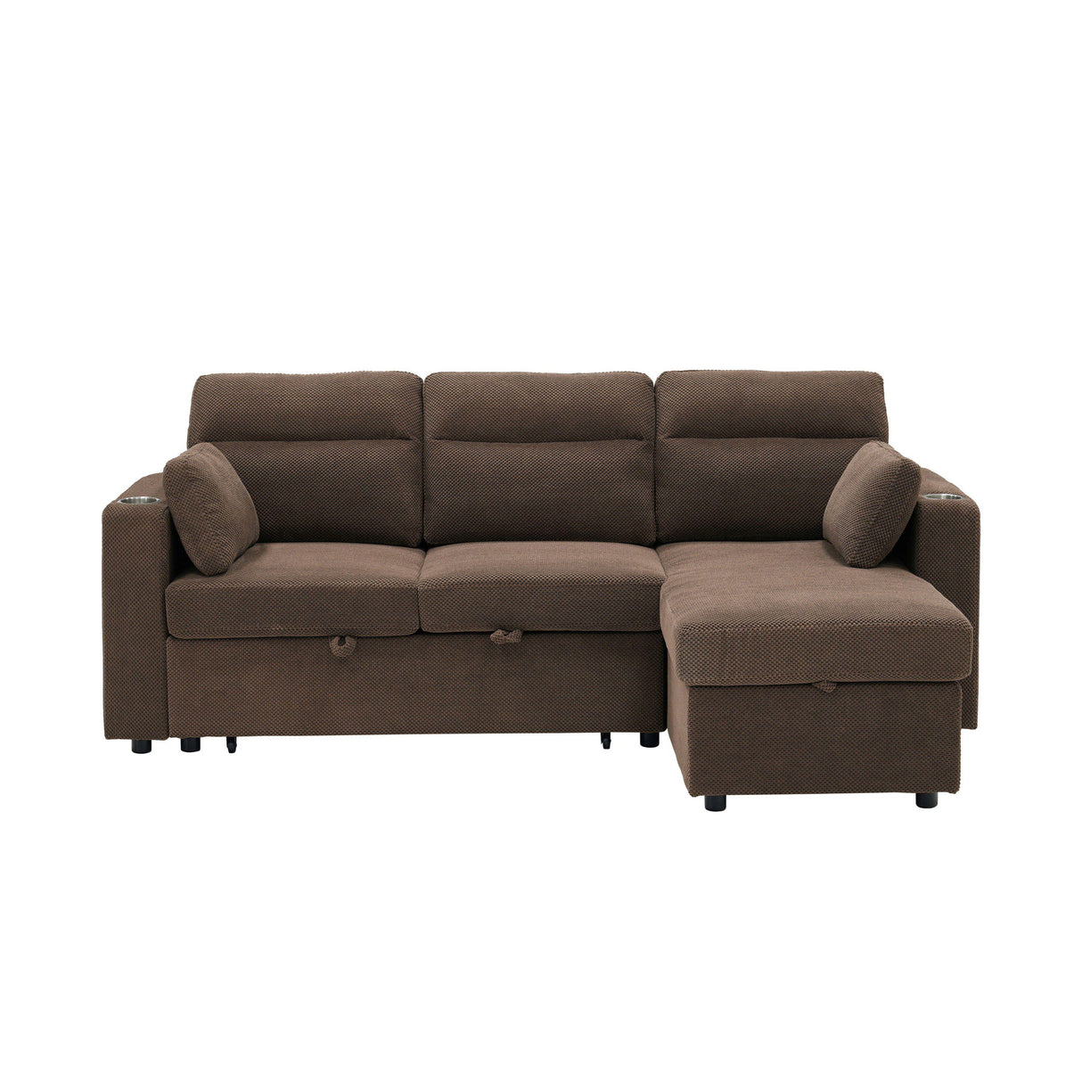 Convertible L - Shaped Sectional Sofa Bed With Storage Chaise, Cup Holders