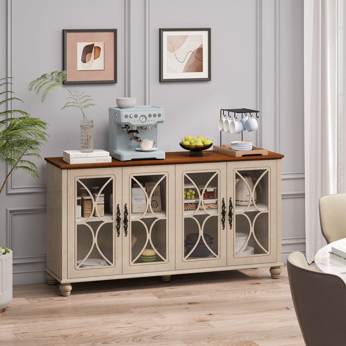 4 Door Sideboard Cabinet with Tempered Glass Doors and Wood 59x32in