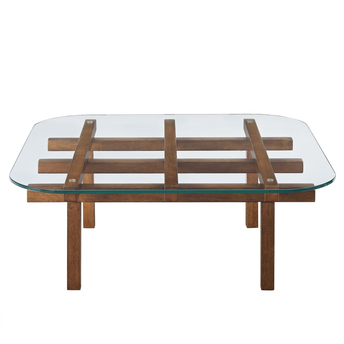 35 Inch Square Tempered Glass Coffee Table with Grid Wood Frame - Coffee Tables available at Alpine Outlets in Denver