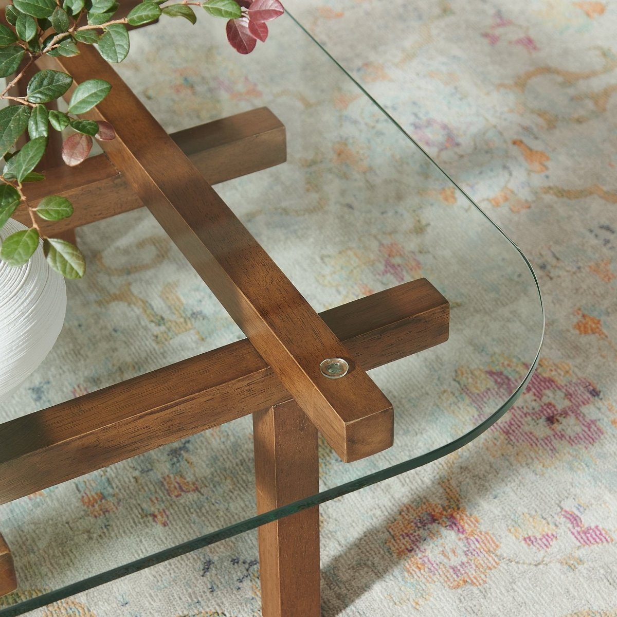 35 Inch Square Tempered Glass Coffee Table with Grid Wood Frame - Coffee Tables available at Alpine Outlets in Denver