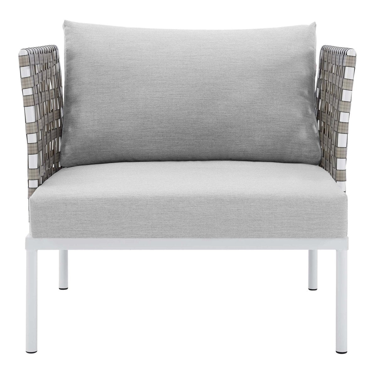 35” Tan Aluminum and Sunbrella® Weave Outdoor Patio Armchair with Gray Cushions - Outdoor - Alpine Outlets