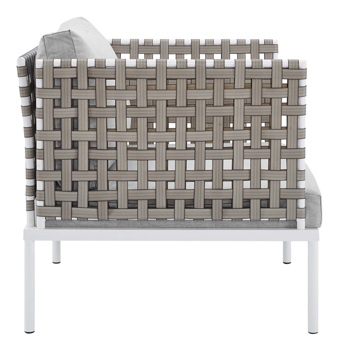 35” Tan Aluminum and Sunbrella® Weave Outdoor Patio Armchair with Gray Cushions - Outdoor - Alpine Outlets
