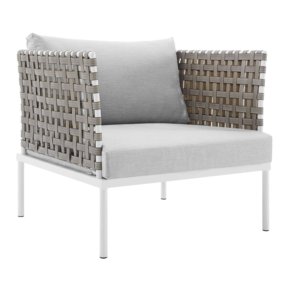 35” Tan Aluminum and Sunbrella® Weave Outdoor Patio Armchair with Gray Cushions - Outdoor - Alpine Outlets