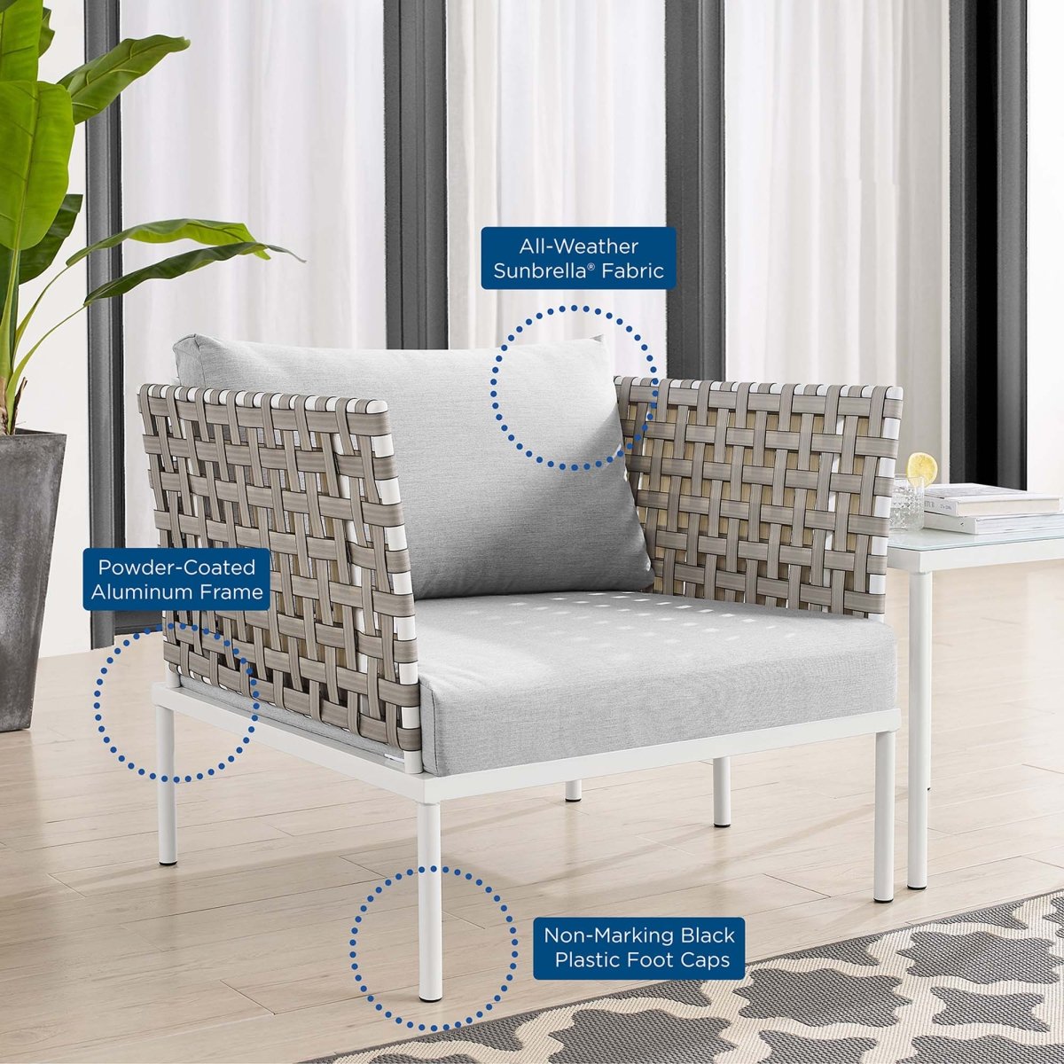 35” Tan Aluminum and Sunbrella® Weave Outdoor Patio Armchair with Gray Cushions - Outdoor - Alpine Outlets