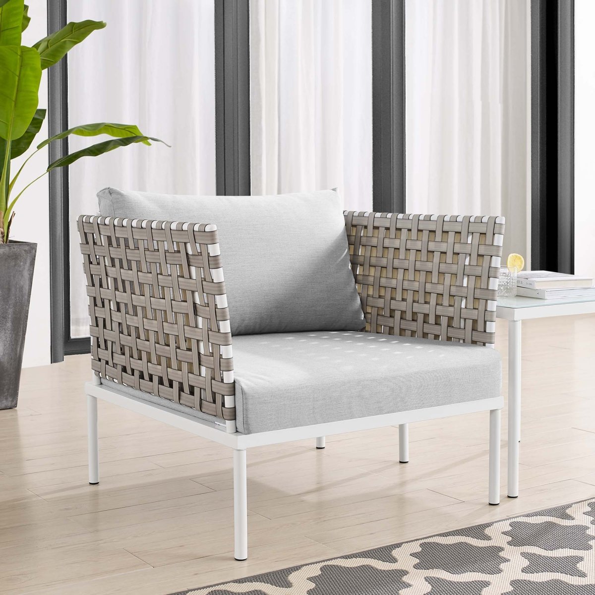35” Tan Aluminum and Sunbrella® Weave Outdoor Patio Armchair with Gray Cushions - Outdoor - Alpine Outlets