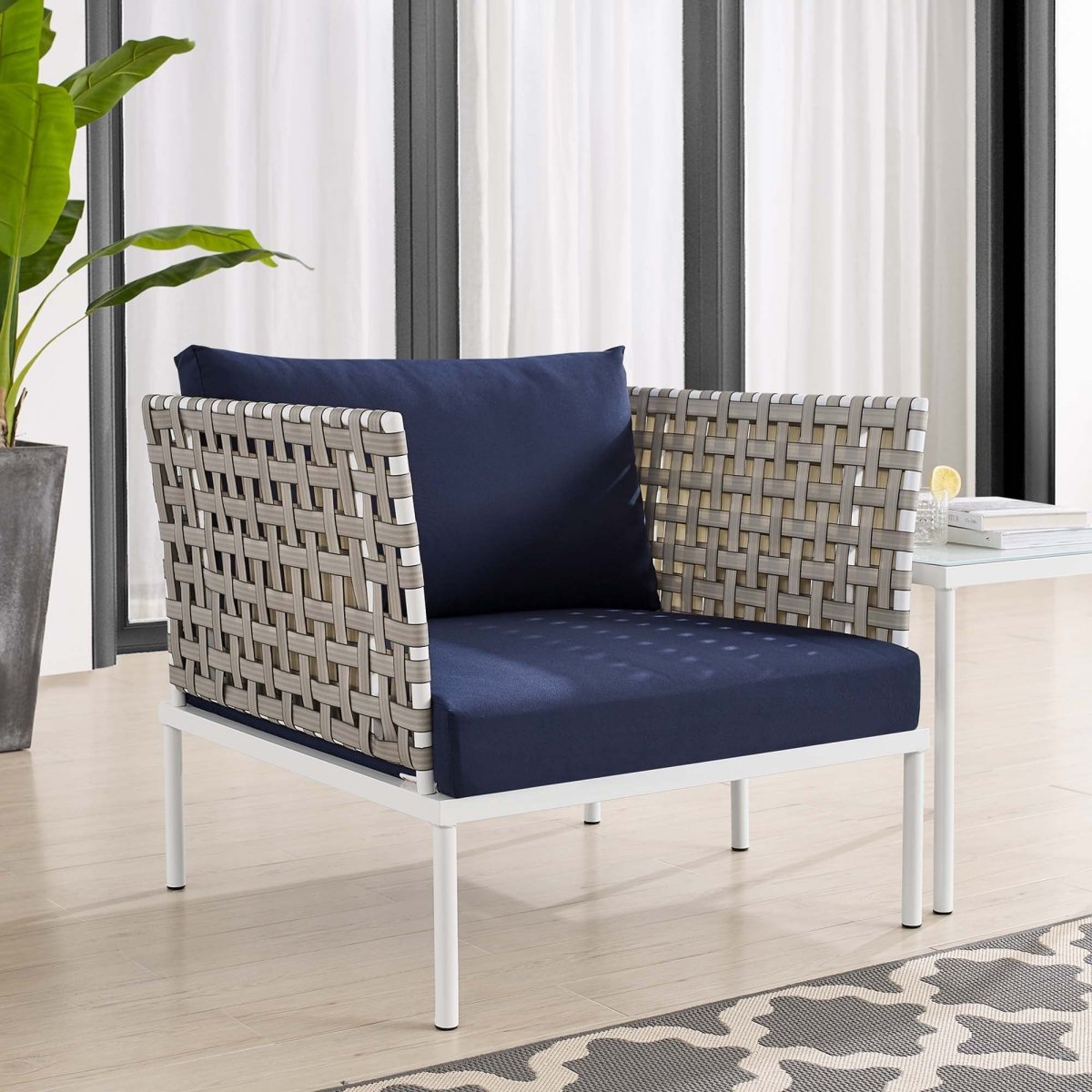 35” Tan Aluminum and Sunbrella® Weave Outdoor Patio Armchair with Navy Cushions - Outdoor - Alpine Outlets