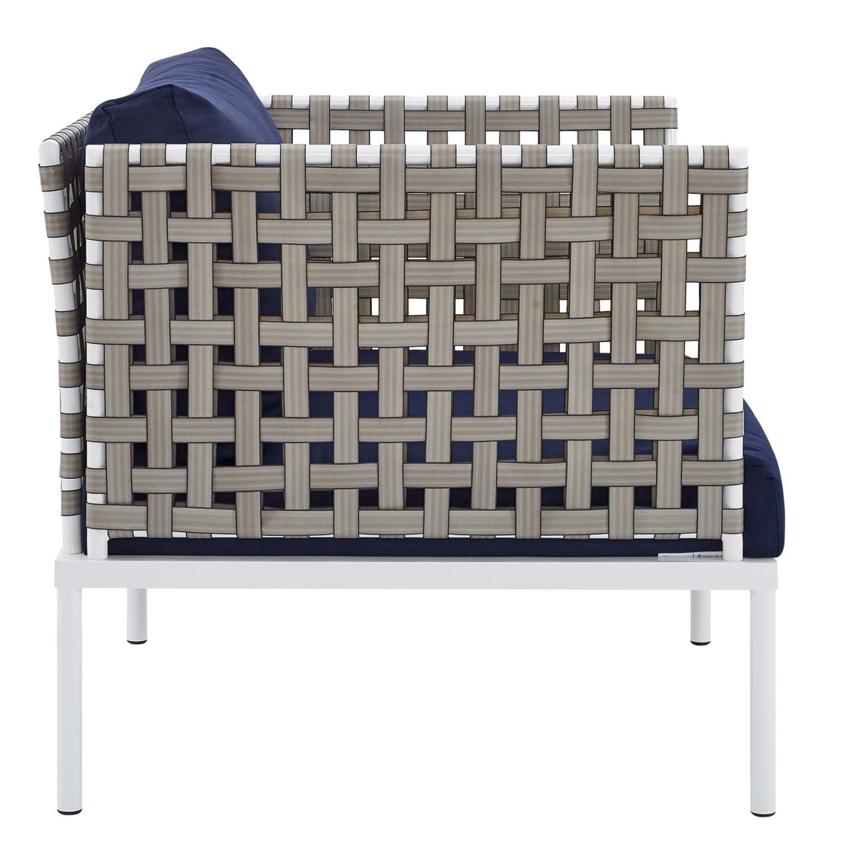 35” Tan Aluminum and Sunbrella® Weave Outdoor Patio Armchair with Navy Cushions - Outdoor - Alpine Outlets