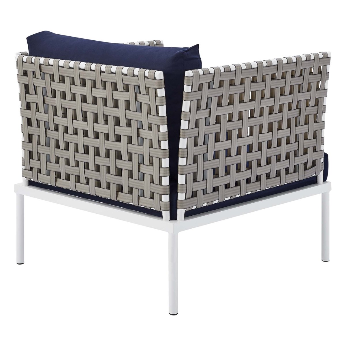 35” Tan Aluminum and Sunbrella® Weave Outdoor Patio Armchair with Navy Cushions - Outdoor - Alpine Outlets