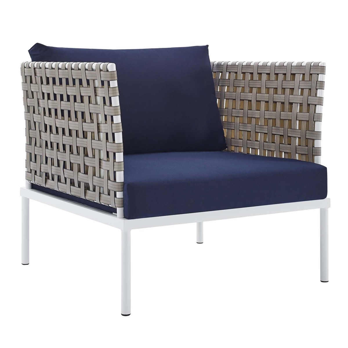 35” Tan Aluminum and Sunbrella® Weave Outdoor Patio Armchair with Navy Cushions - Outdoor - Alpine Outlets