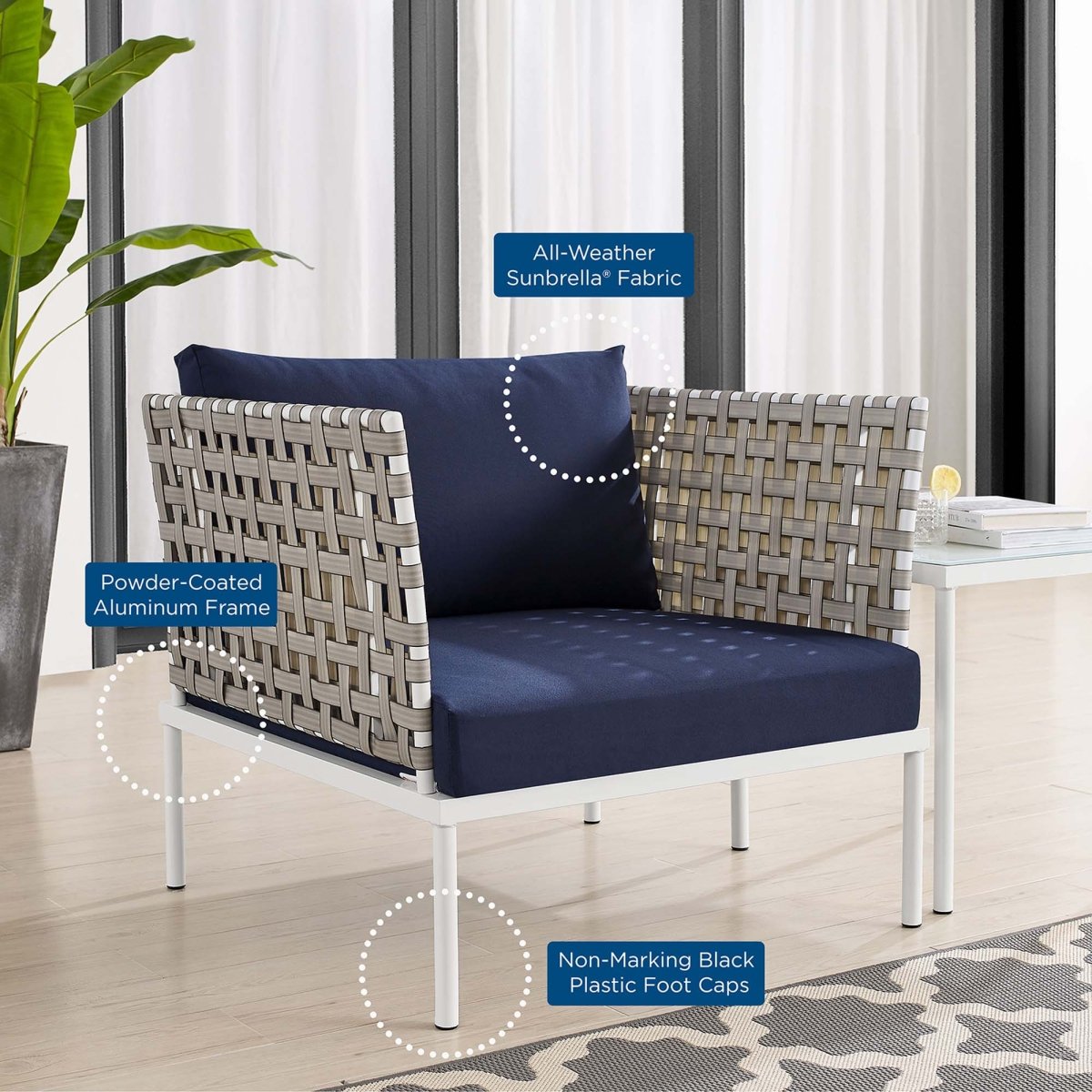 35” Tan Aluminum and Sunbrella® Weave Outdoor Patio Armchair with Navy Cushions - Outdoor - Alpine Outlets