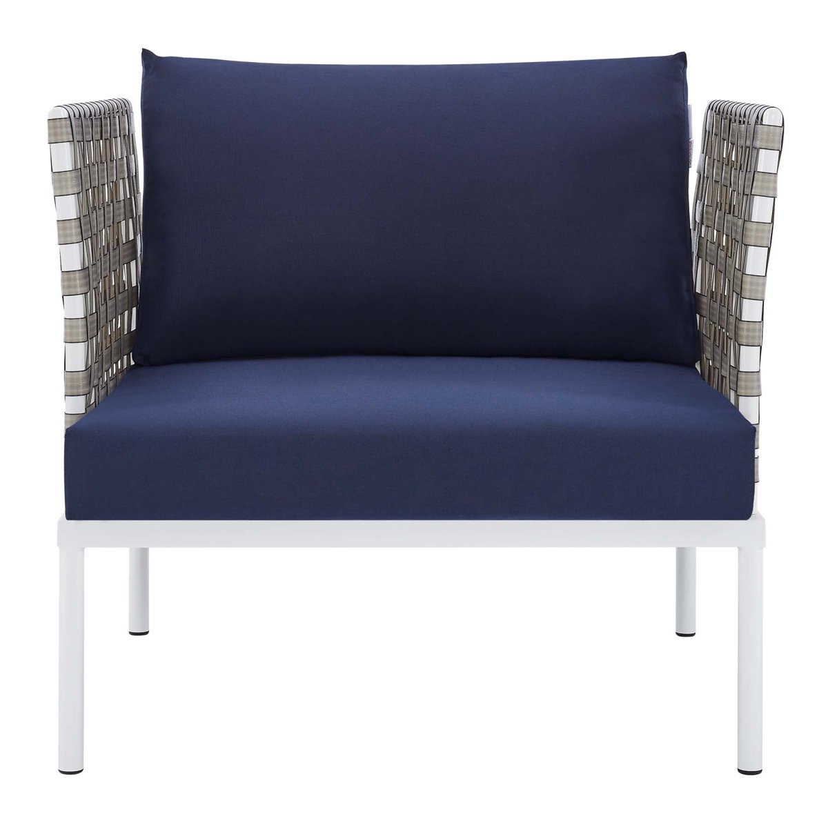 35” Tan Aluminum and Sunbrella® Weave Outdoor Patio Armchair with Navy Cushions - Outdoor - Alpine Outlets