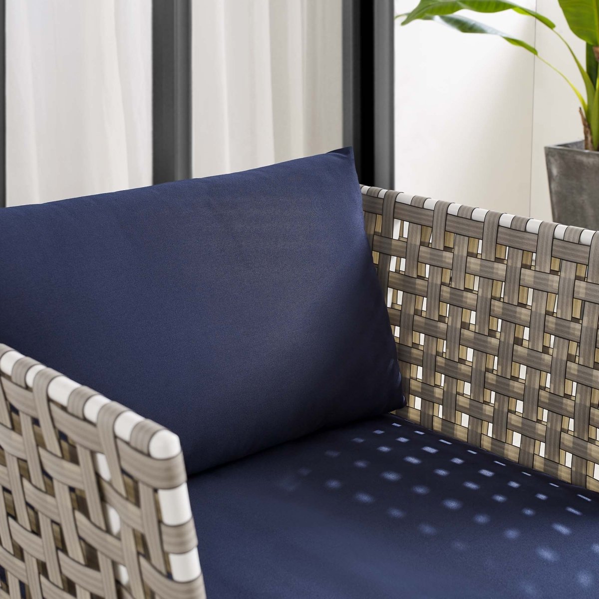 35” Tan Aluminum and Sunbrella® Weave Outdoor Patio Armchair with Navy Cushions - Outdoor - Alpine Outlets