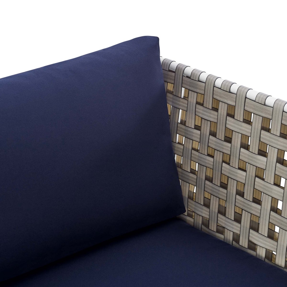 35” Tan Aluminum and Sunbrella® Weave Outdoor Patio Armchair with Navy Cushions - Outdoor - Alpine Outlets