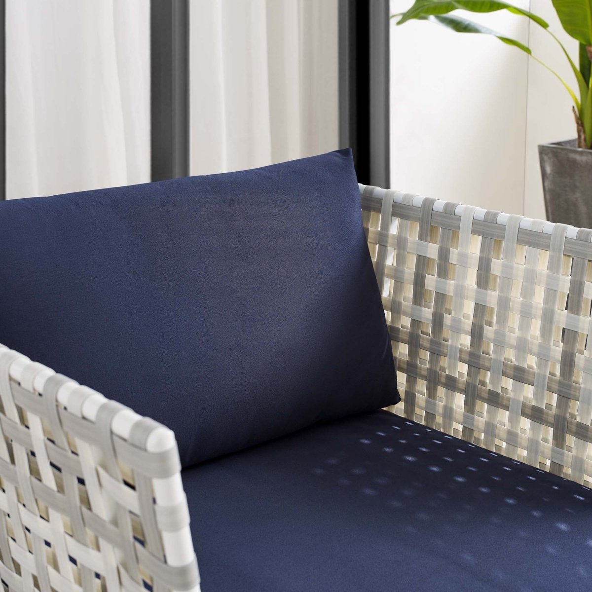 35" Taupe Aluminum Outdoor Patio Armchair with Navy Sunbrella® Cushions - Outdoor - Alpine Outlets