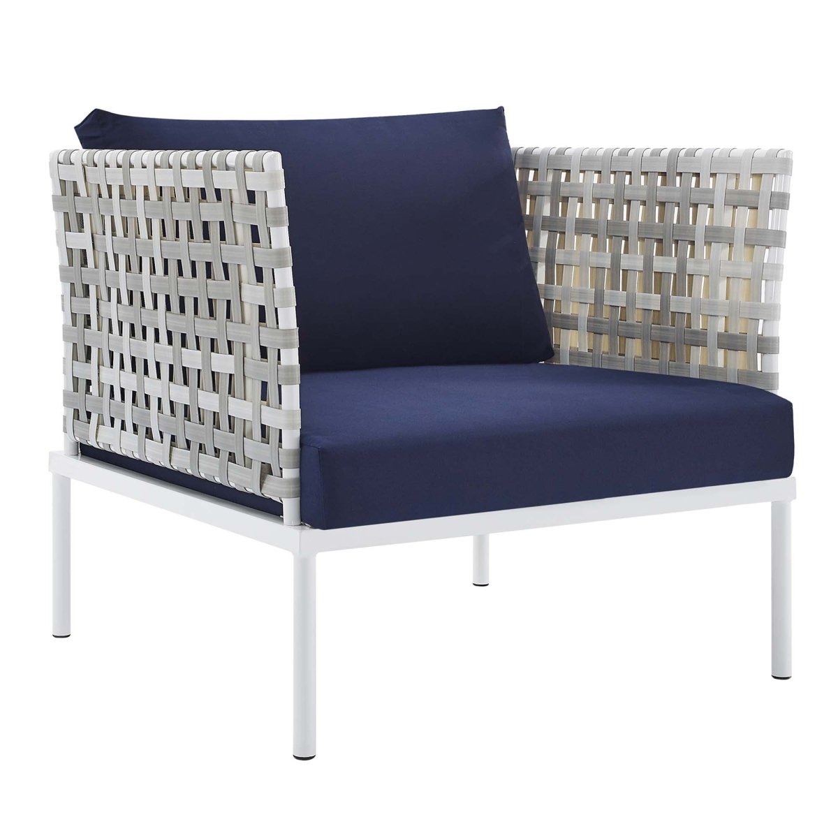 35" Taupe Aluminum Outdoor Patio Armchair with Navy Sunbrella® Cushions - Outdoor - Alpine Outlets