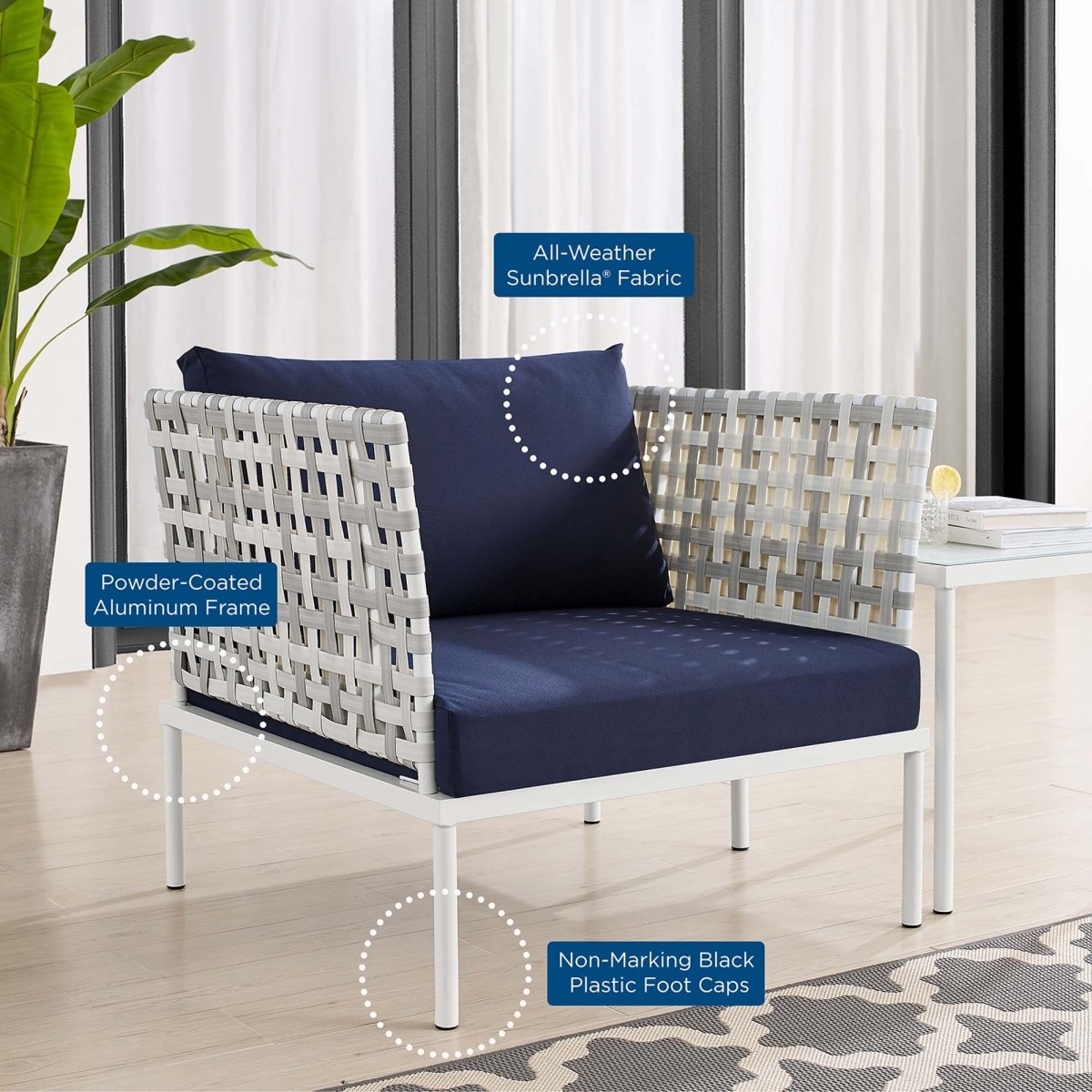 35" Taupe Aluminum Outdoor Patio Armchair with Navy Sunbrella® Cushions - Outdoor - Alpine Outlets