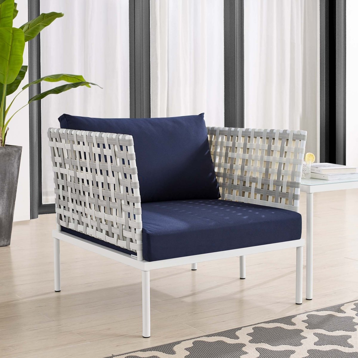 35" Taupe Aluminum Outdoor Patio Armchair with Navy Sunbrella® Cushions - Outdoor - Alpine Outlets
