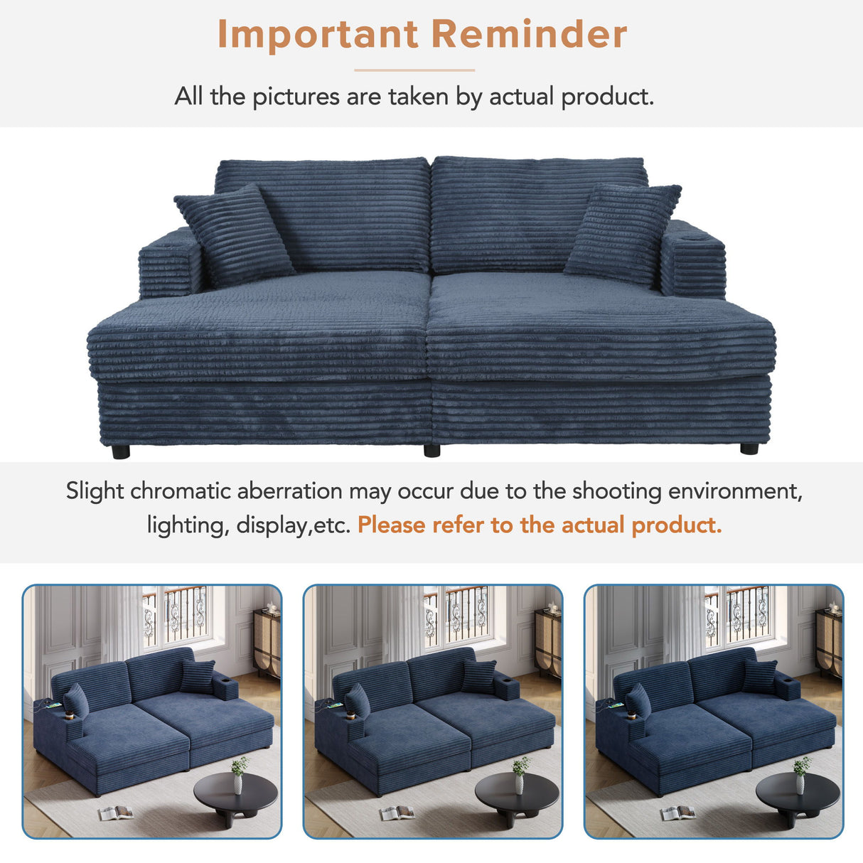 Oversized Loveseat Chaise With 2 USB Ports, 2 Cup Holders And 2 Throw Pillows