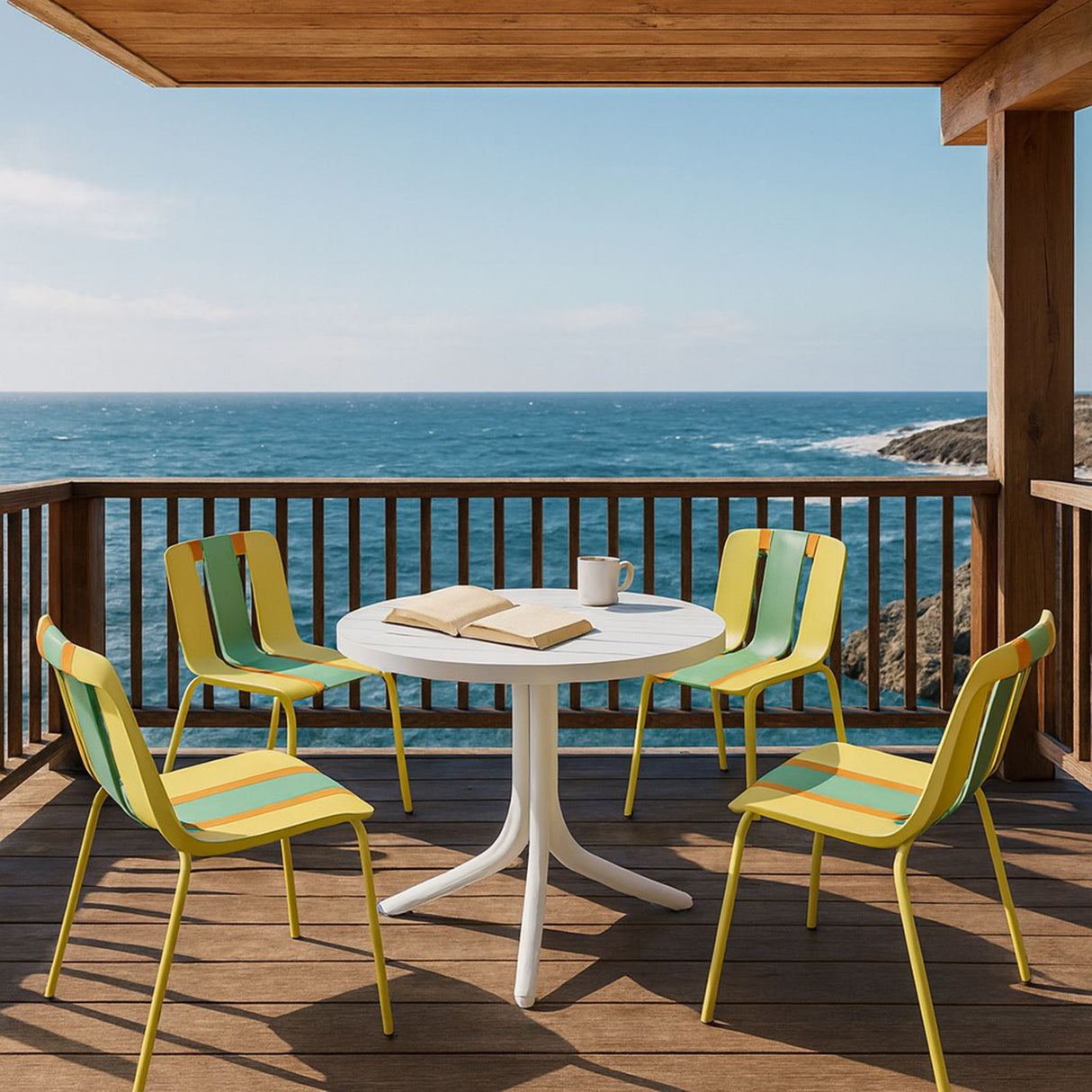 4 Piece Set Of Color Block Designed Single Chairs With Round Table - Grain Yellow / Haze Green / Tropical Orange / White