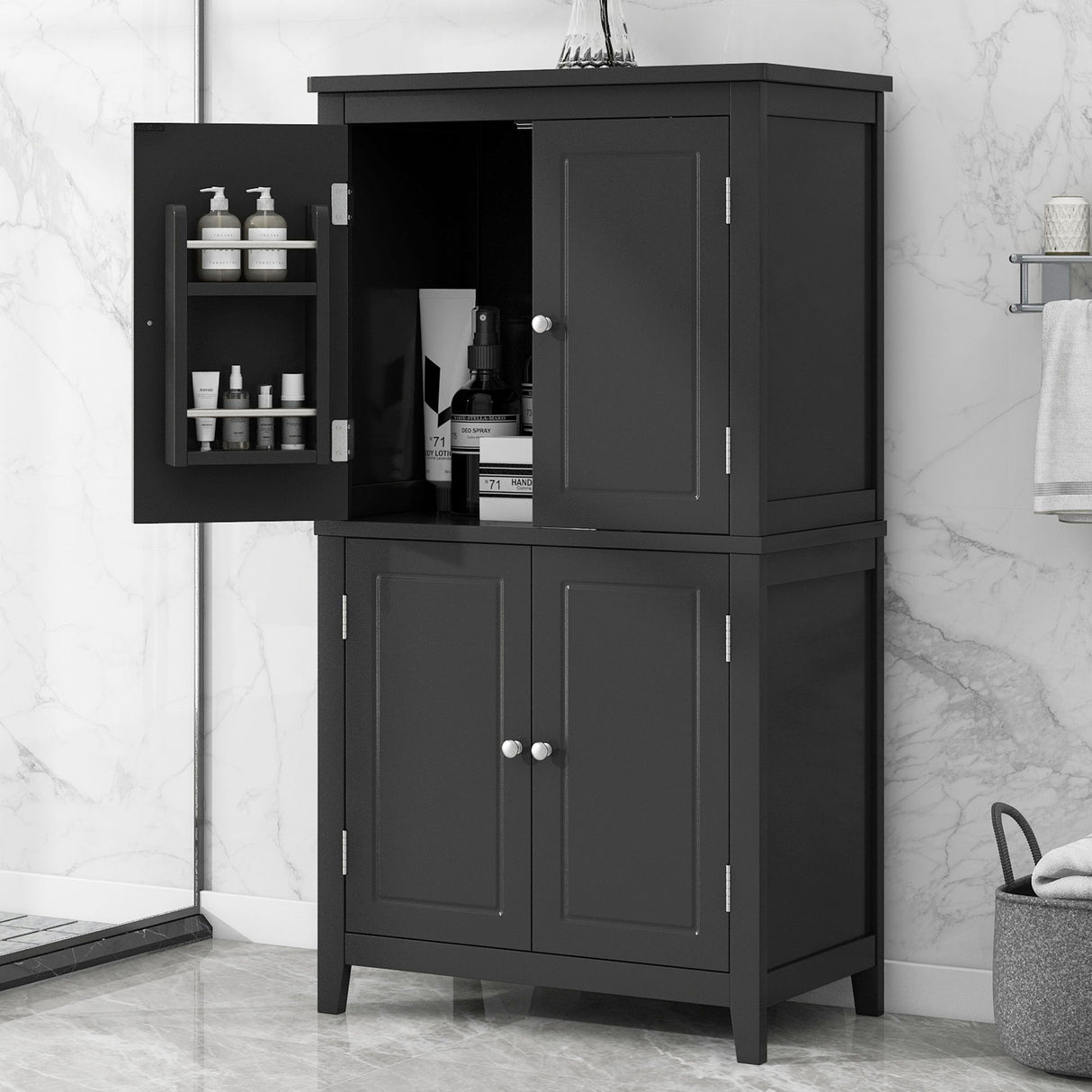 Elegant Bathroom Floor Storage Cabinet With 4 Doors, Adjustable Shelves