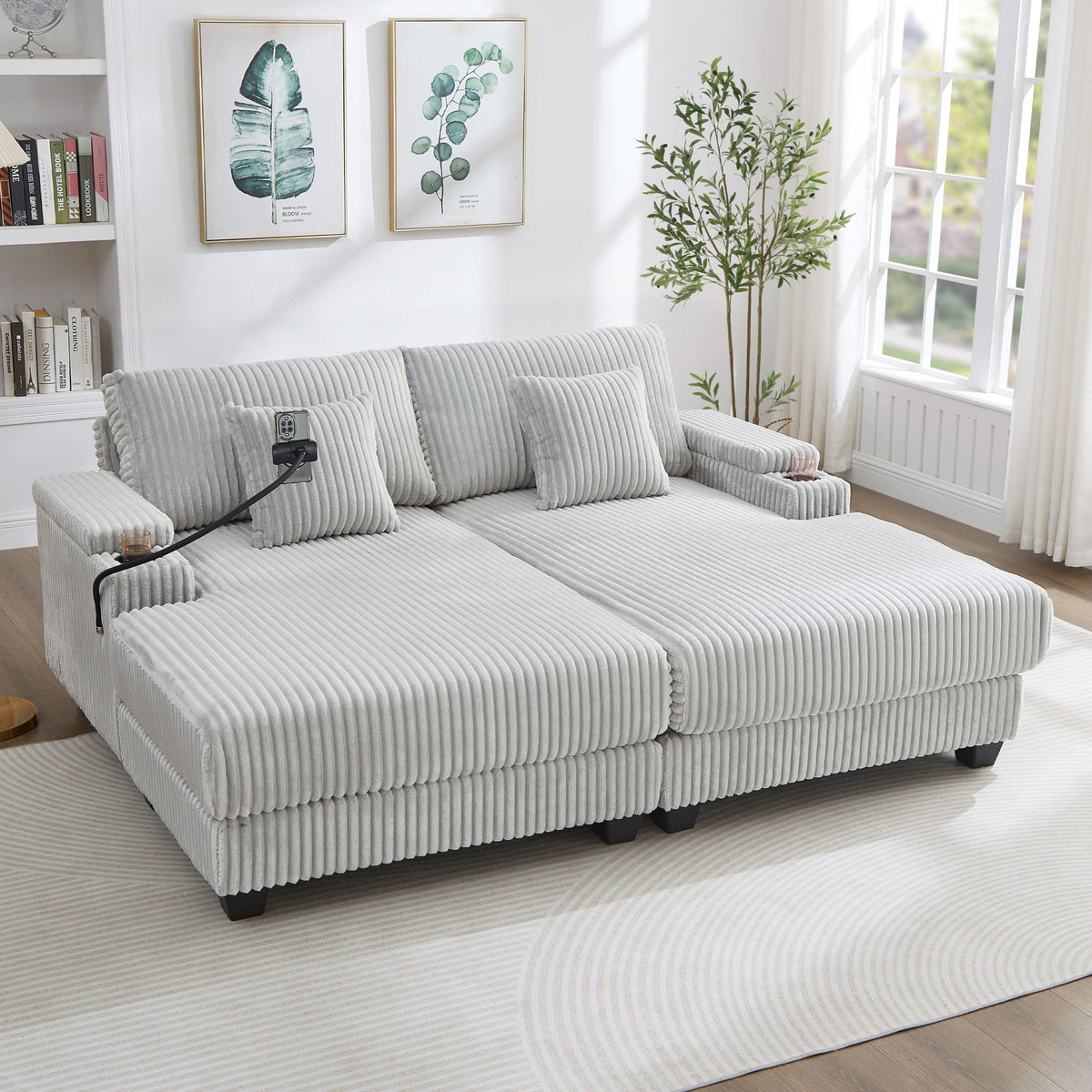 Chaise Sofa With Adjustable Backrest, Cup Holders, Phone Holder & Storage Compartments For Living Room - Light Gray