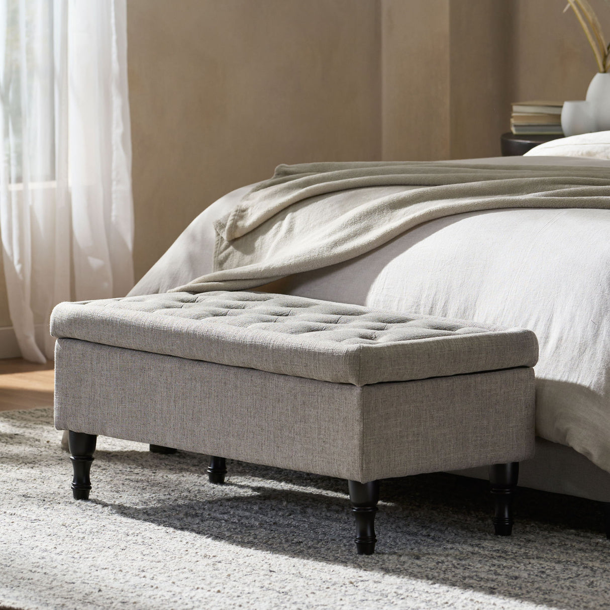 Dean - Fabric Storage Wide Tufted Rectangle Ottoman - Gray