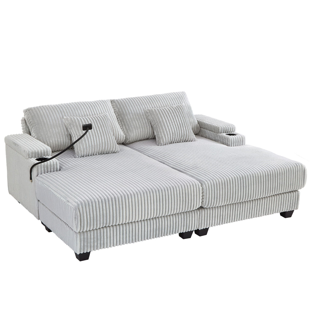 Chaise Sofa With Adjustable Backrest, Cup Holders, Phone Holder & Storage Compartments For Living Room - Light Gray