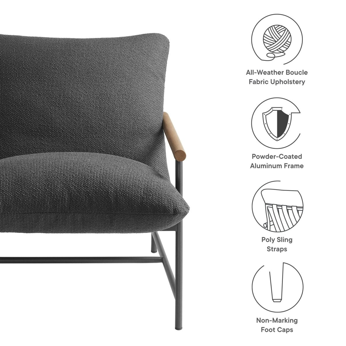 36” Charcoal Aluminum and Boucle Sling Outdoor Lounge Chair - Outdoor - Alpine Outlets