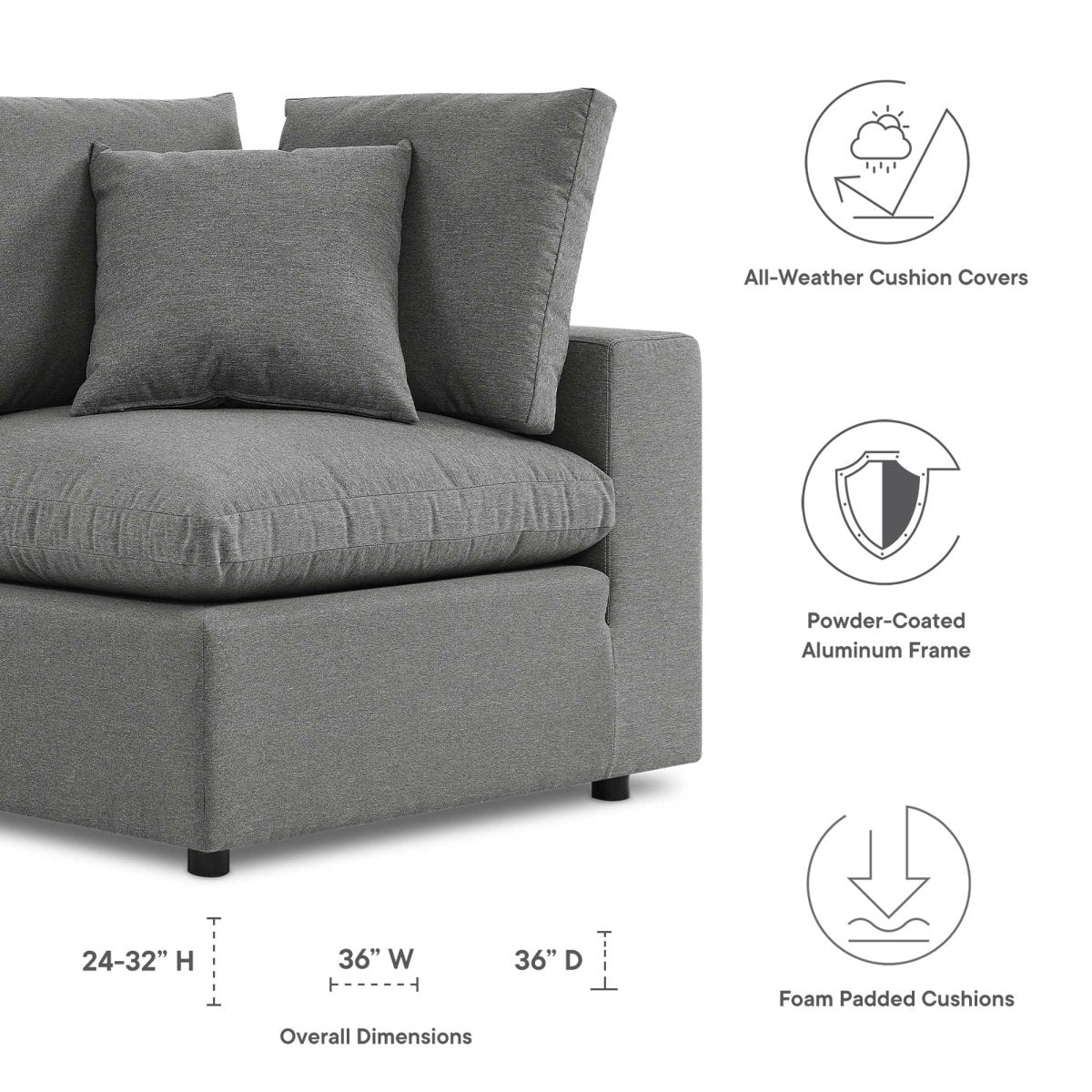 36" Charcoal Aluminum Overstuffed Outdoor Corner Chair - Outdoor - Alpine Outlets