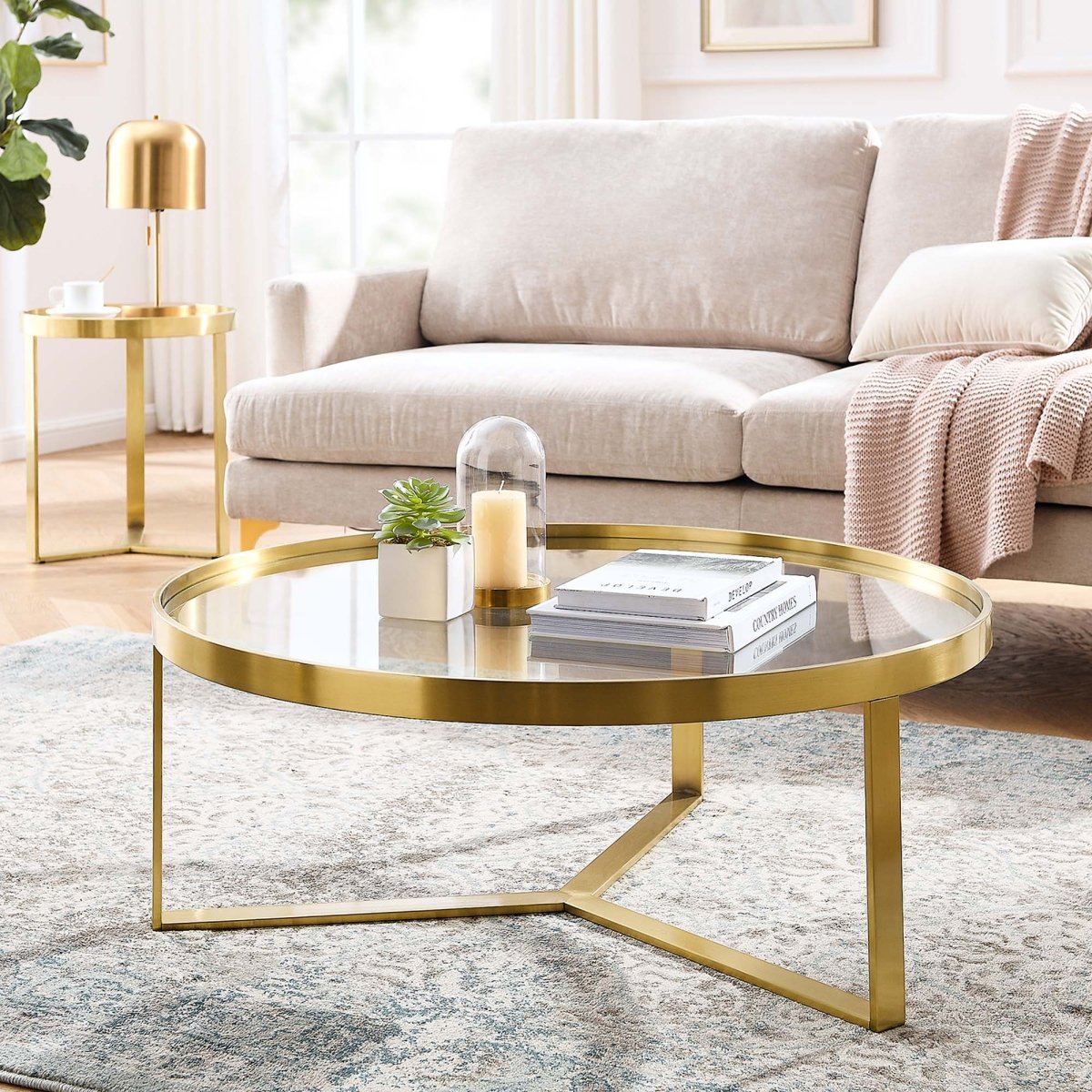 36 Inch Brushed Gold Round Glass Coffee Table - Coffee Tables available at Alpine Outlets in Denver