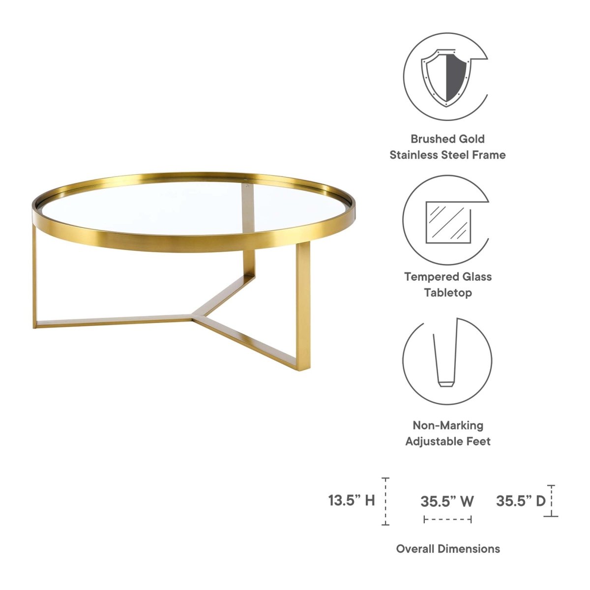 36 Inch Brushed Gold Round Glass Coffee Table - Coffee Tables available at Alpine Outlets in Denver