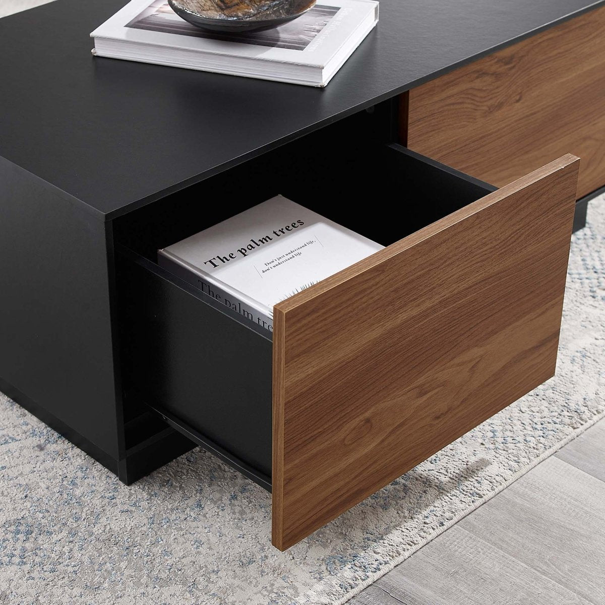 36 Inch Modern Plinth Base Coffee Table with Push - to - Open Drawers in Black Walnut - Coffee Tables available at Alpine Outlets in Denver