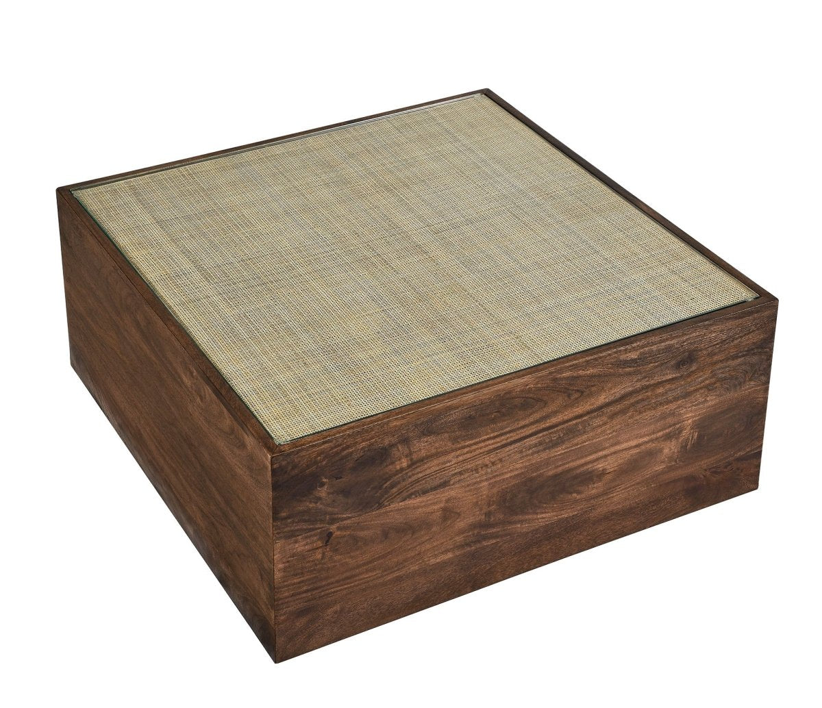 36 Inch Square Wood and Rattan Coffee Table with Glass Top in Walnut - Coffee Tables available at Alpine Outlets in Denver