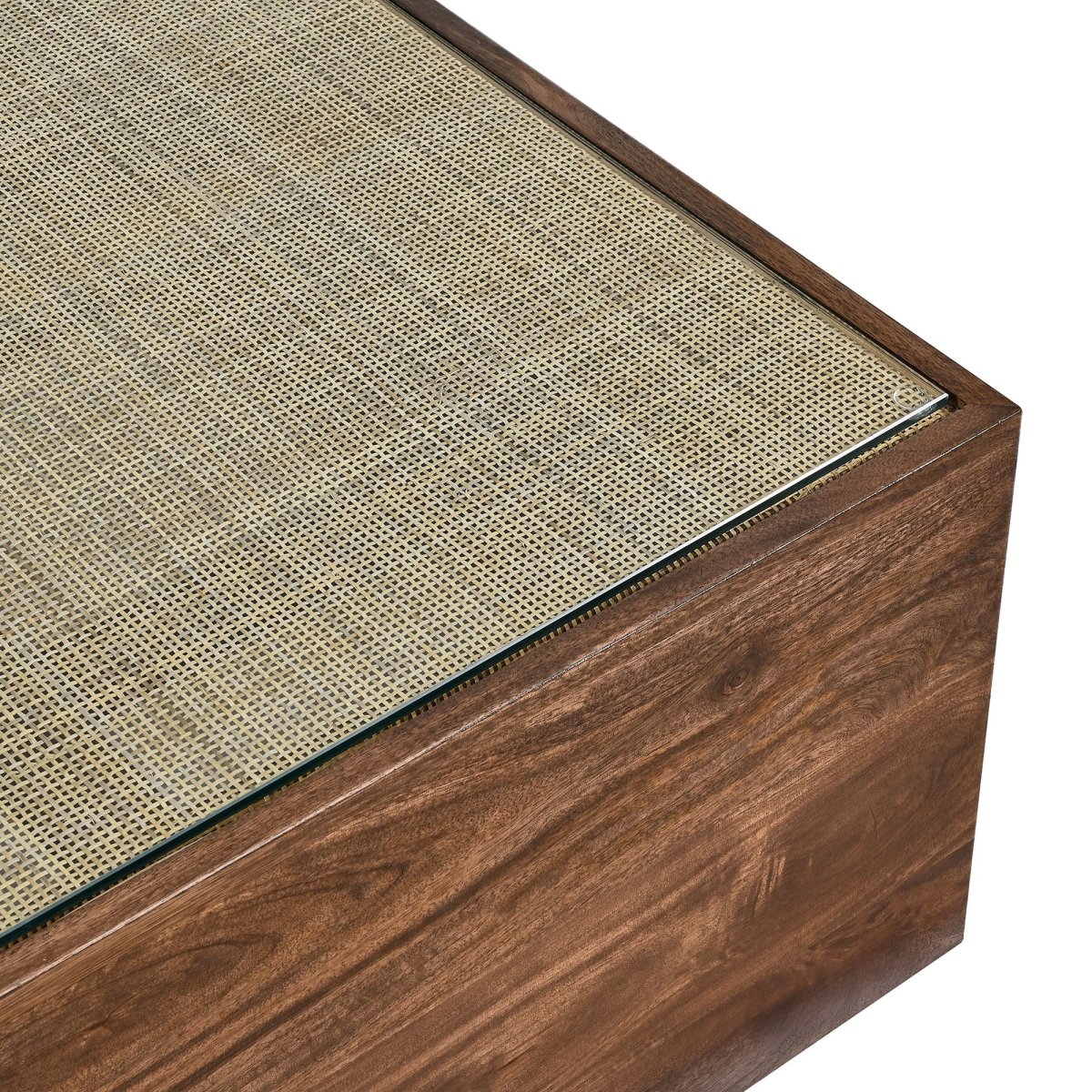 36 Inch Square Wood and Rattan Coffee Table with Glass Top in Walnut - Coffee Tables available at Alpine Outlets in Denver