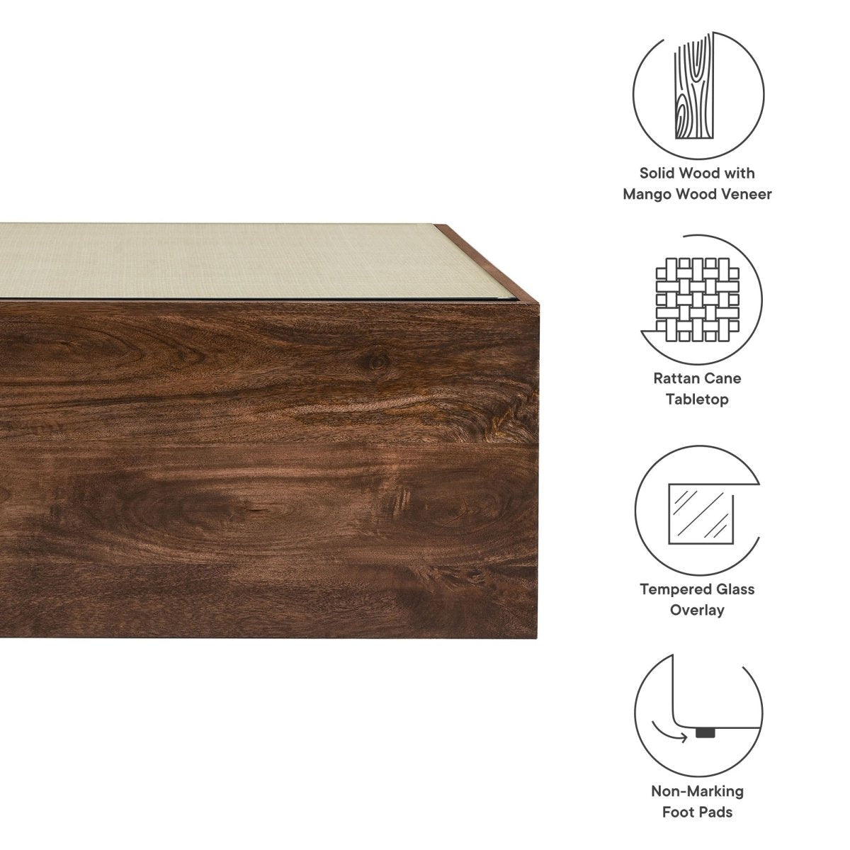 36 Inch Square Wood and Rattan Coffee Table with Glass Top in Walnut - Coffee Tables available at Alpine Outlets in Denver