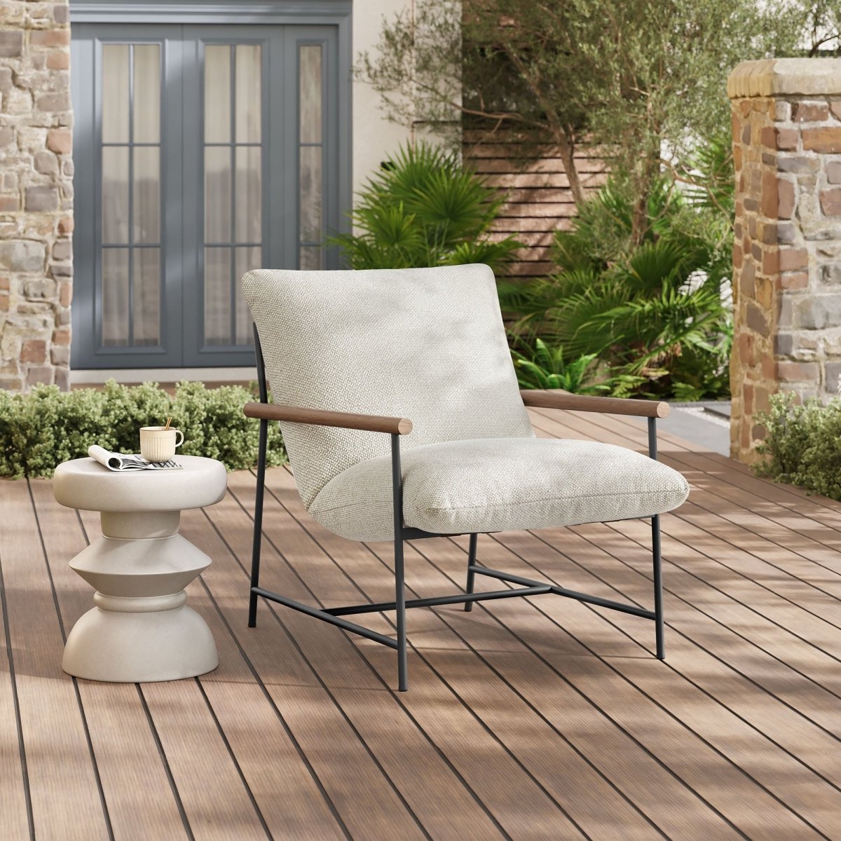 36” Ivory Aluminum and Boucle Sling Outdoor Lounge Chair - Outdoor - Alpine Outlets