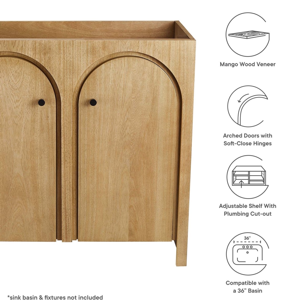 36" Oak Bathroom Vanity Cabinet – MDF and Mango Wood Veneer - Bathroom Fixtures - Alpine Outlets