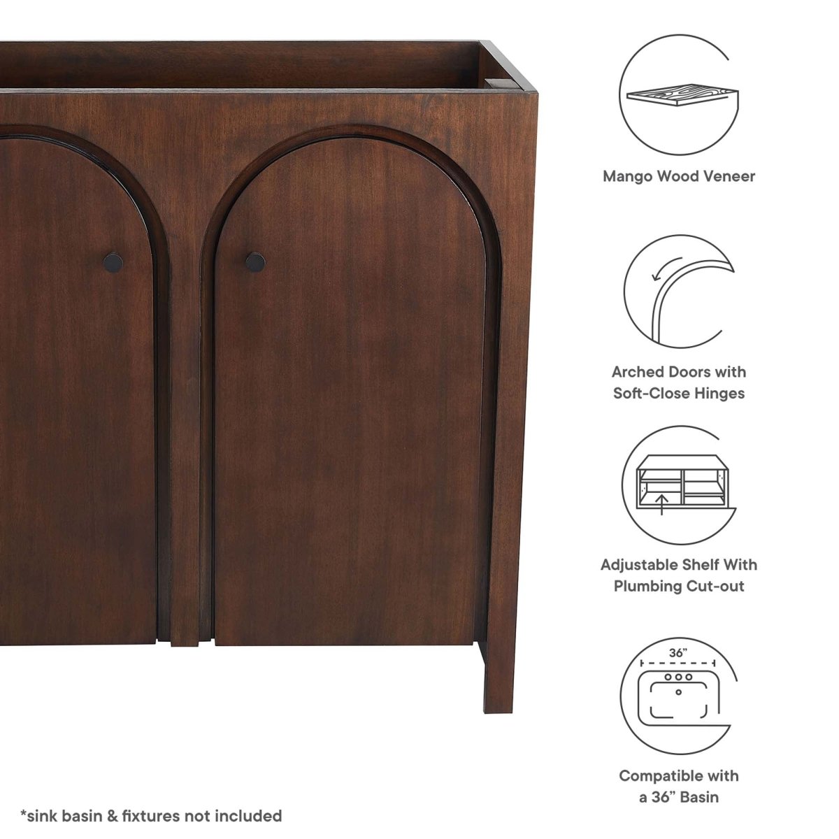36" Walnut Bathroom Vanity Cabinet – MDF and Mango Wood Veneer - Bathroom Fixtures - Alpine Outlets