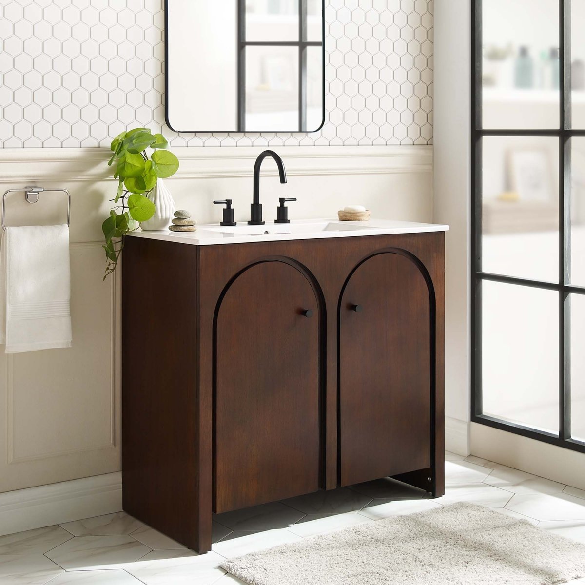 36" Walnut Bathroom Vanity Cabinet – MDF and Mango Wood Veneer - Bathroom Fixtures - Alpine Outlets