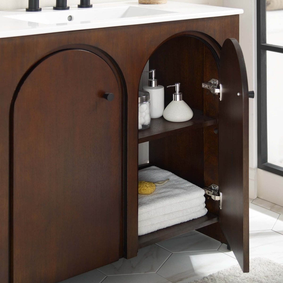 36" Walnut Bathroom Vanity Cabinet – MDF and Mango Wood Veneer - Bathroom Fixtures - Alpine Outlets