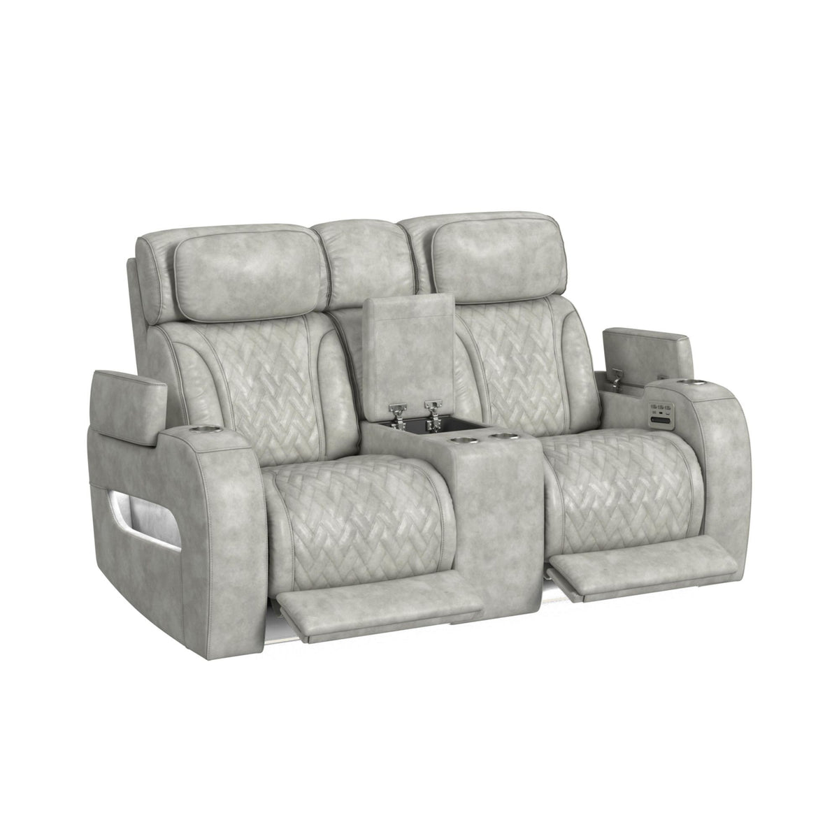 Prime Time - P3 Loveseat With Console, 7 Colors Led, Cup Holders And Wireless Charger Controller - Leather Gel Light Gray
